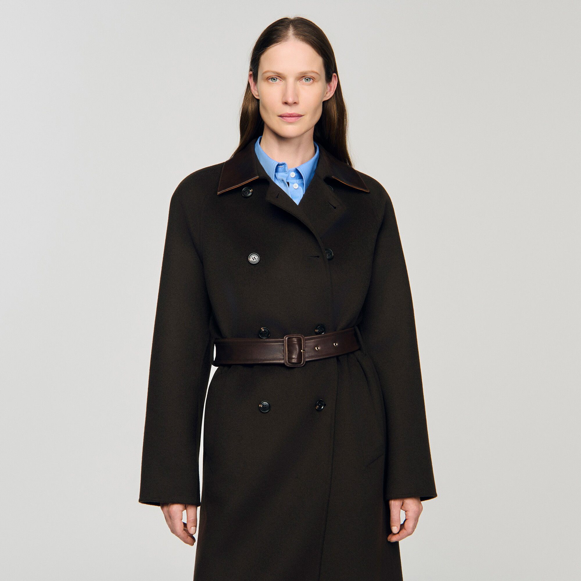 Cappotto lungo in lana e pelle