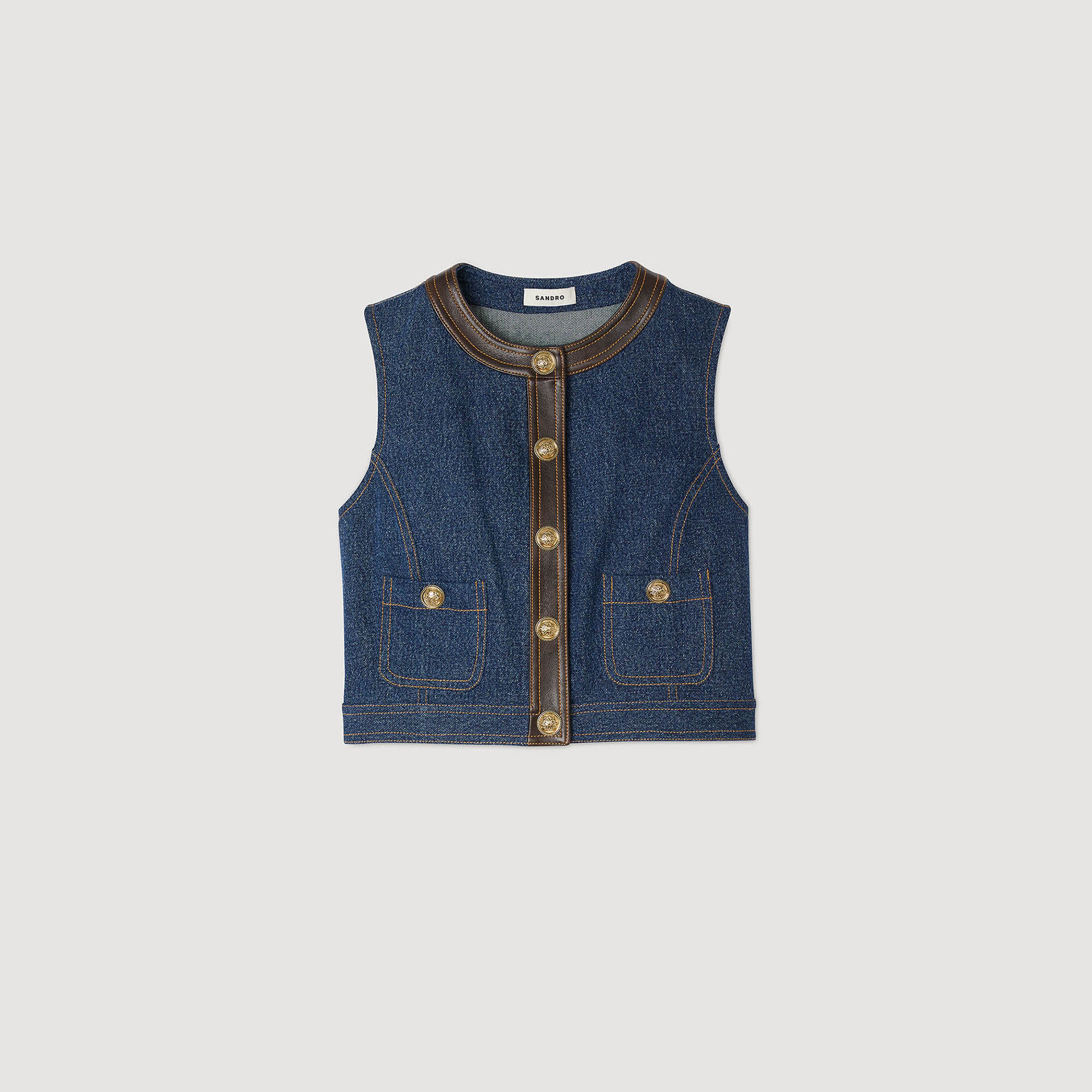 Top in denim e pelle