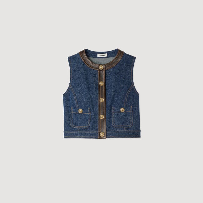 Top in denim e pelle