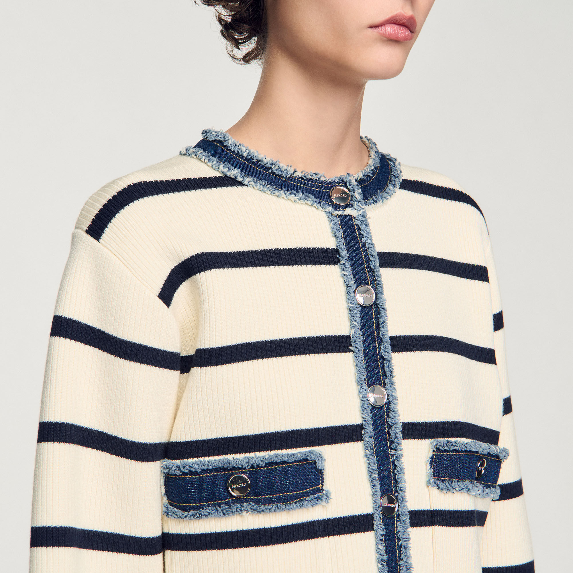 Cardigan a righe con dettagli denim