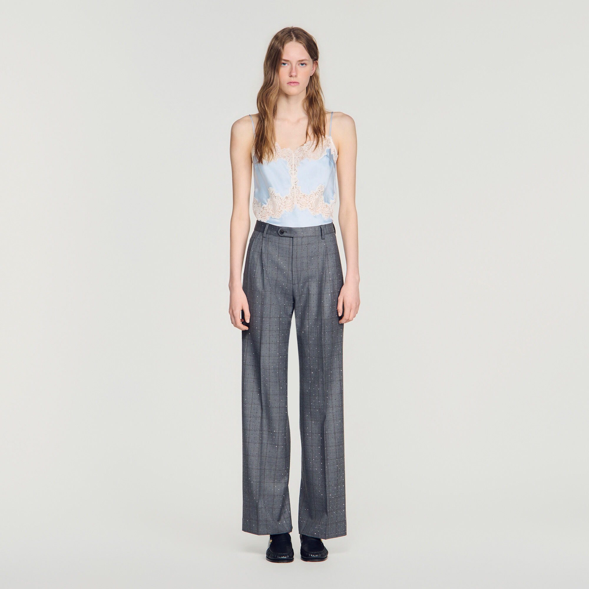 Pantaloni in lana a quadri strass