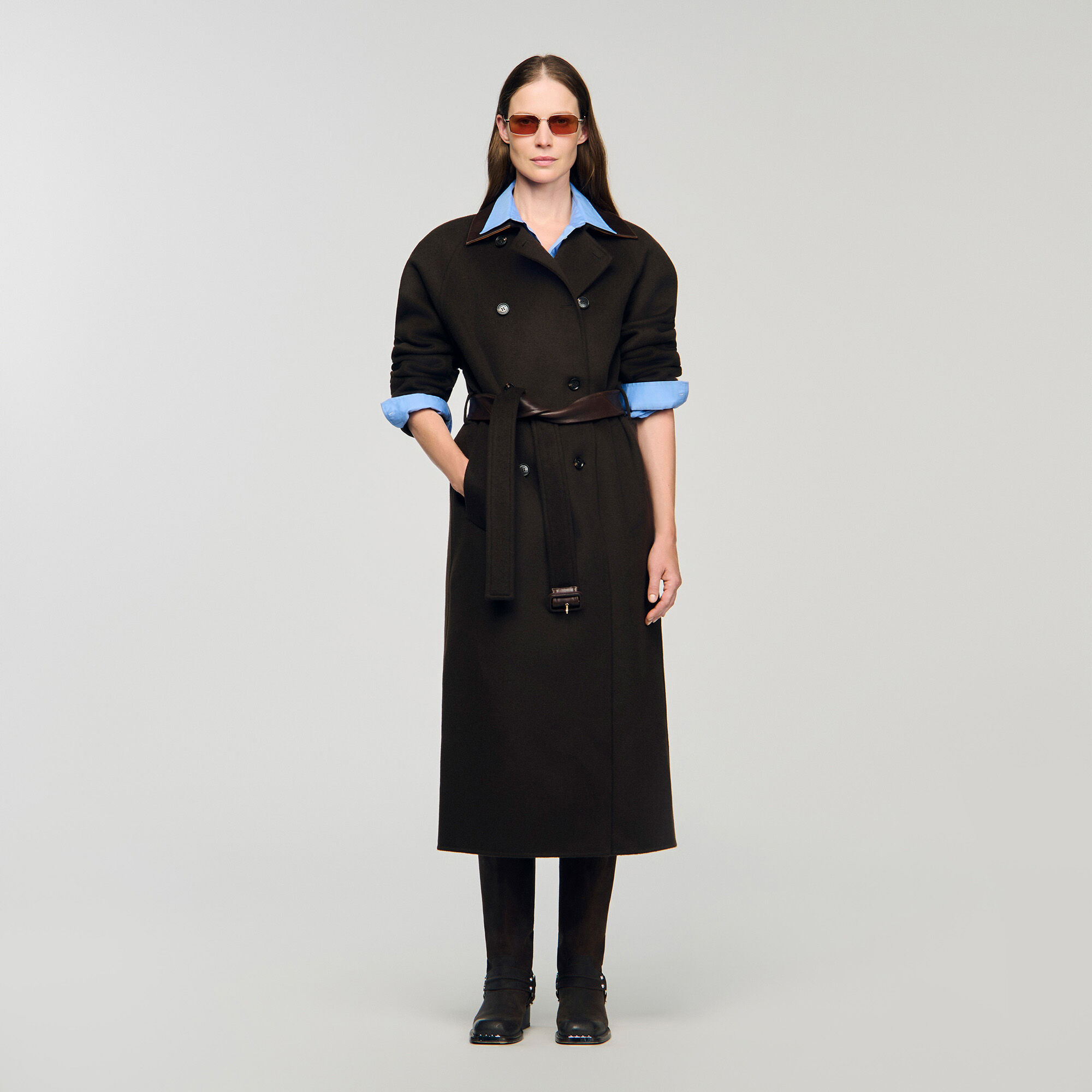 Cappotto lungo in lana e pelle