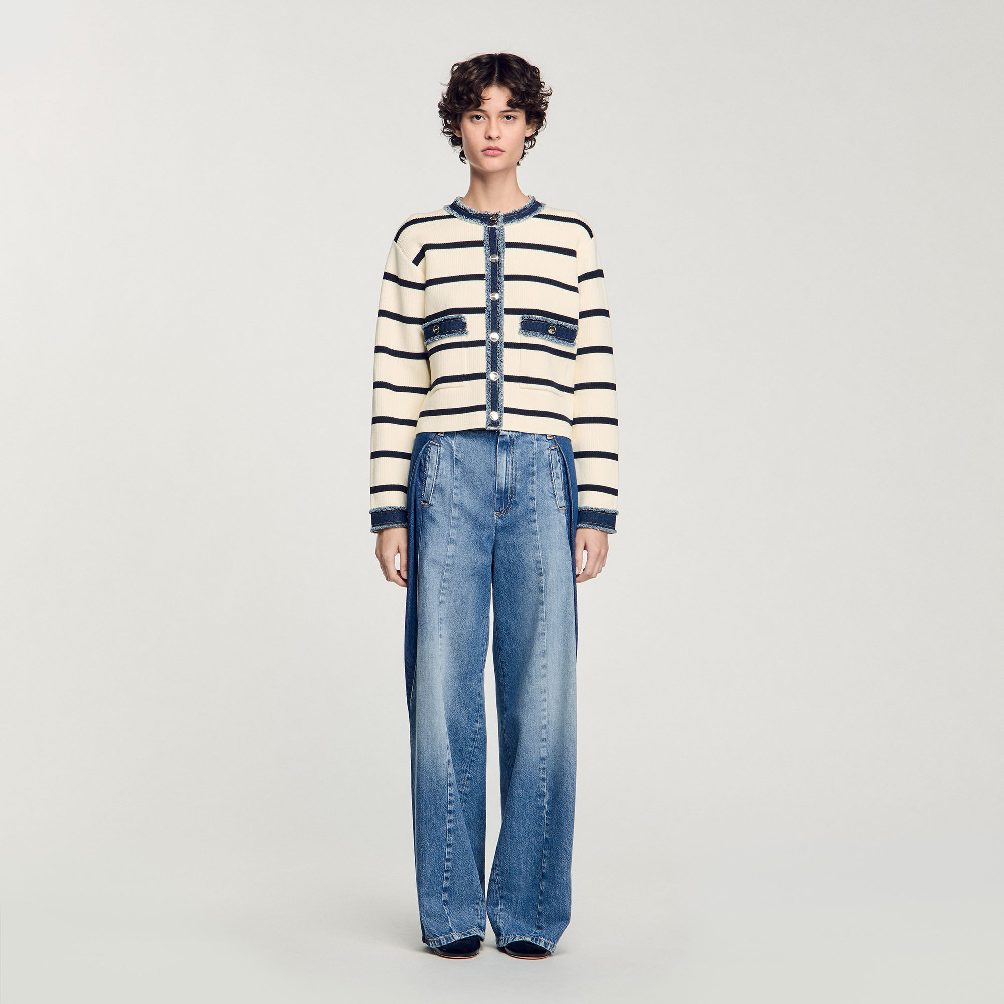 Cardigan a righe con dettagli denim