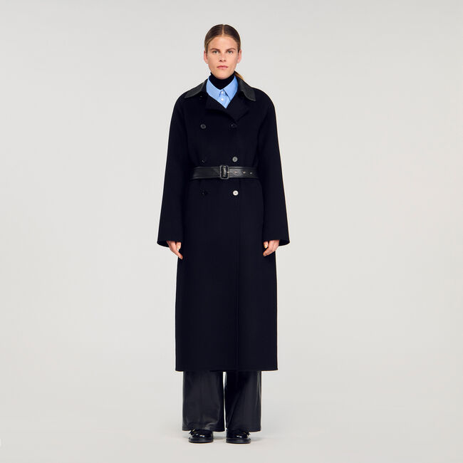 Cappotto lungo in lana e pelle