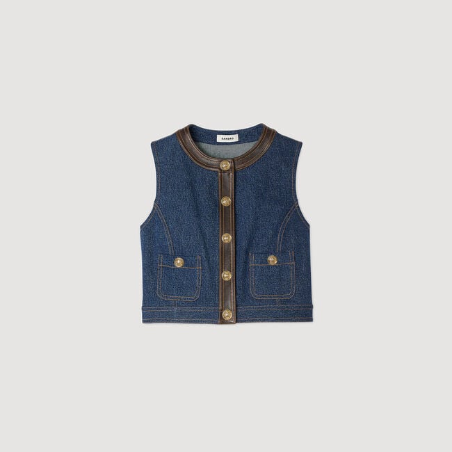 Top in denim e pelle