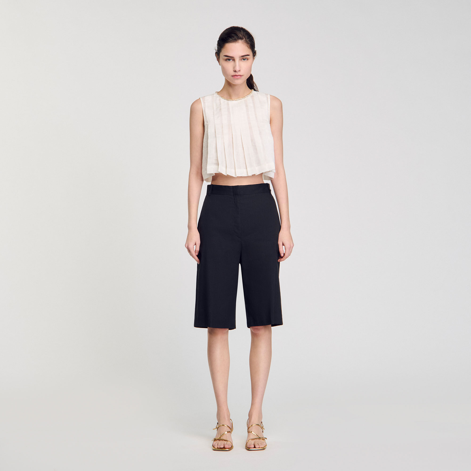 Crop top plissettato collo strass