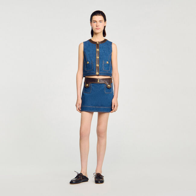 Top in denim e pelle
