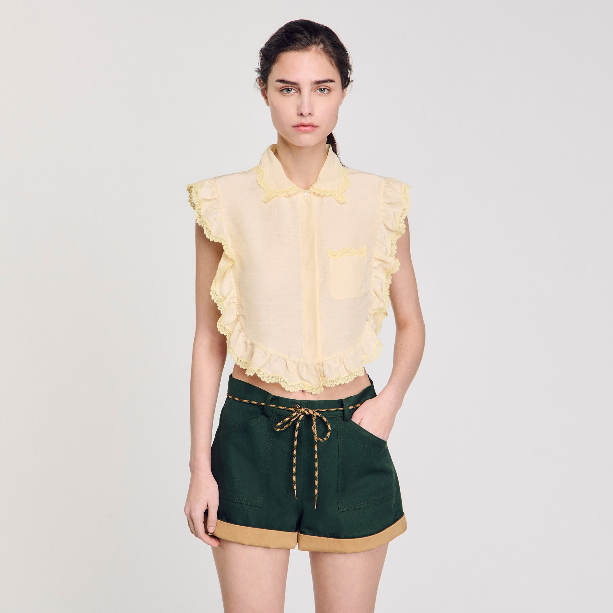 Top Collo camicia con dettagli in pizzo