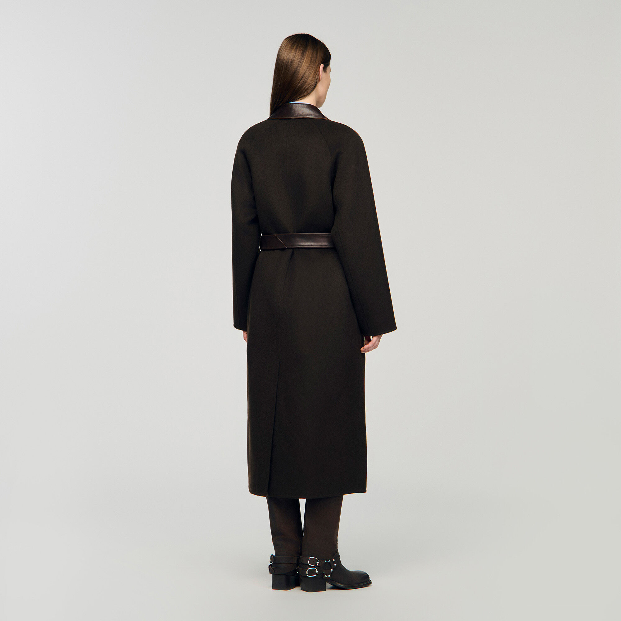 Cappotto lungo in lana e pelle