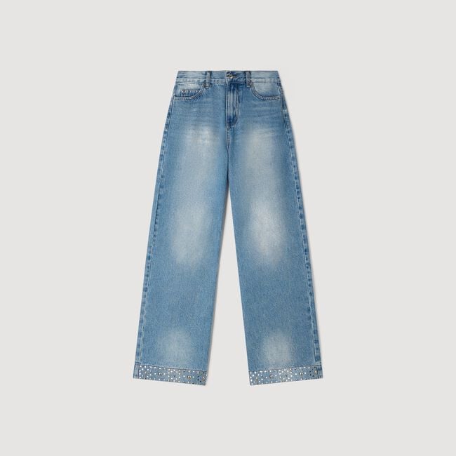 Jeans dritti di cotone con strass