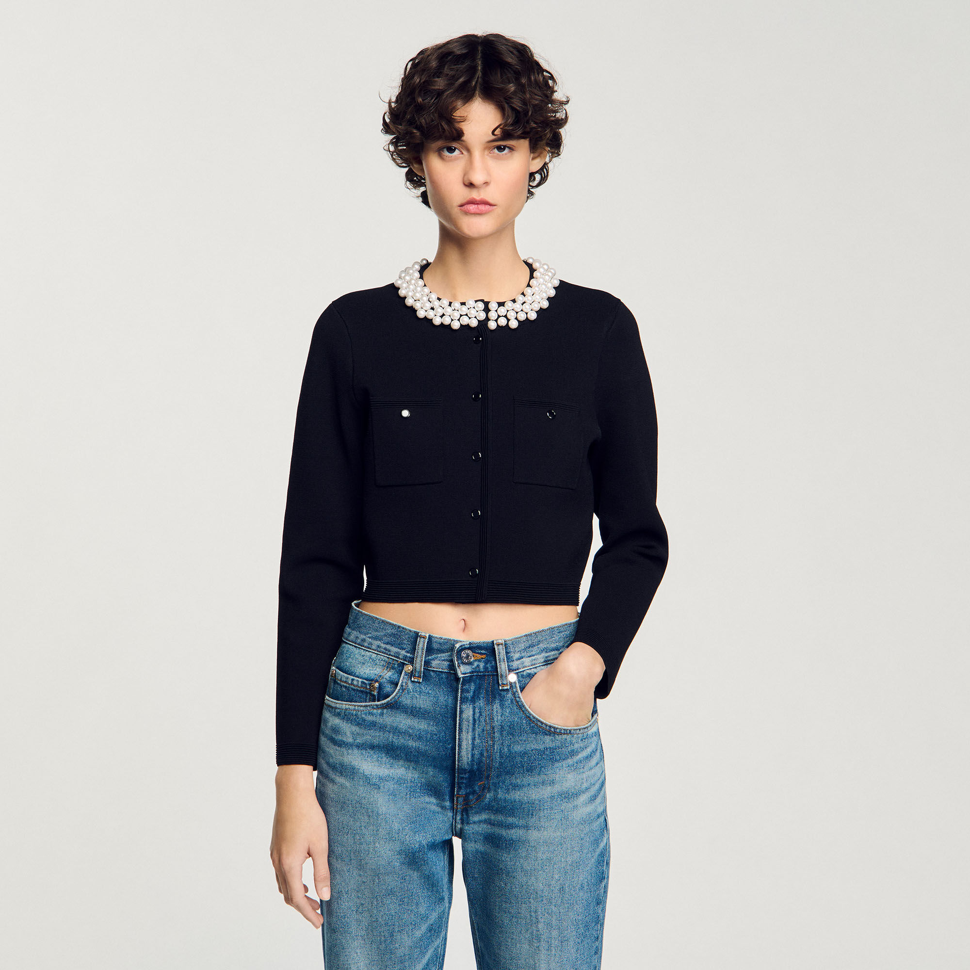 Cardigan con colletto con perline