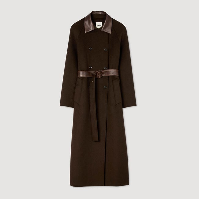 Cappotto lungo in lana e pelle