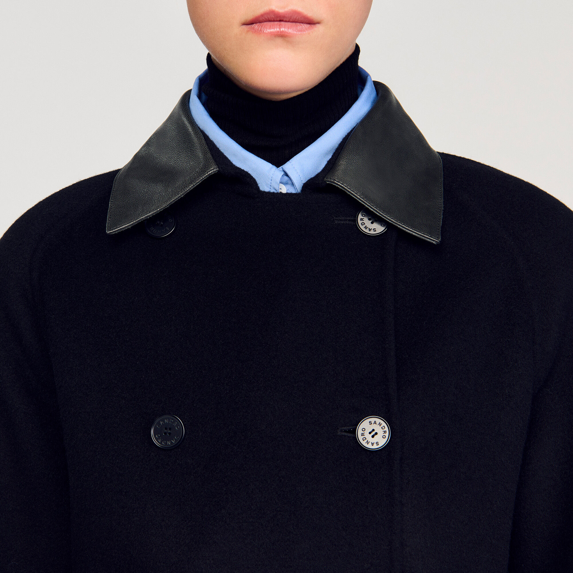 Cappotto lungo in lana e pelle