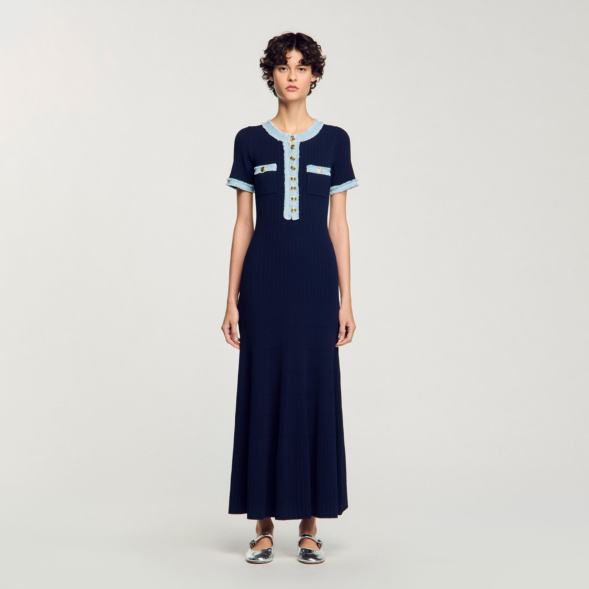 Abito midi in maglia e denim