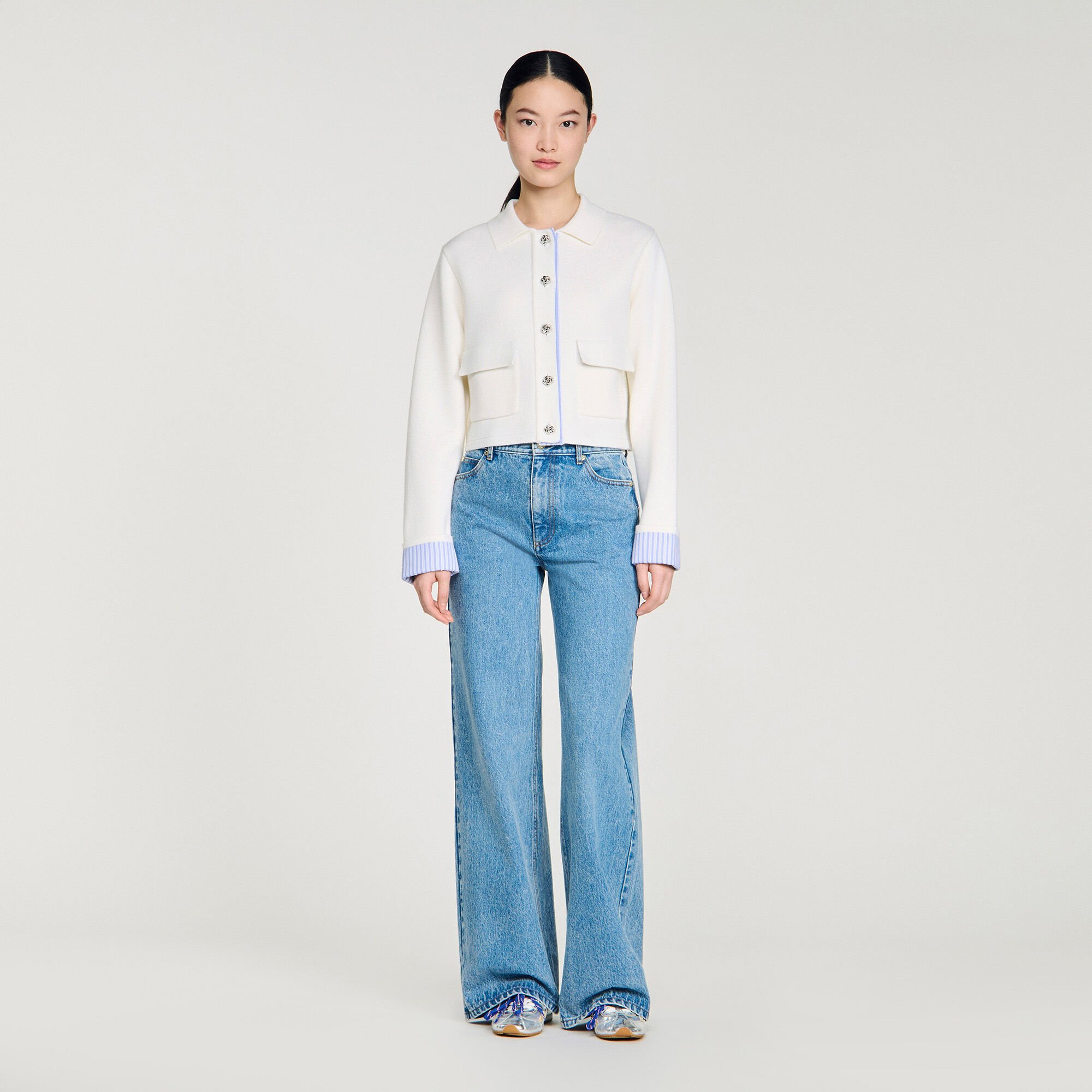 Cardigan con collo polo in popeline