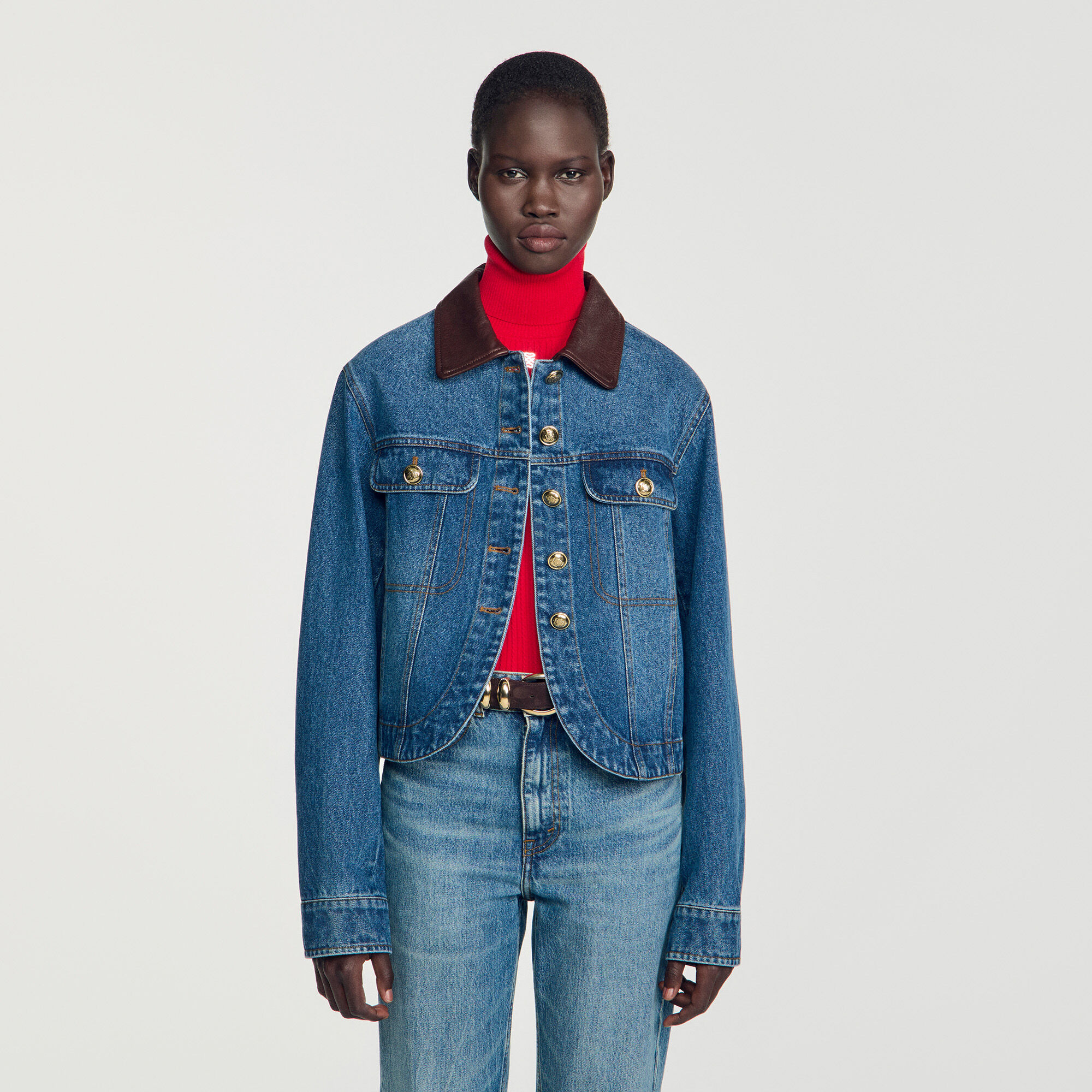 Giubbotto jeans colletto in pelle