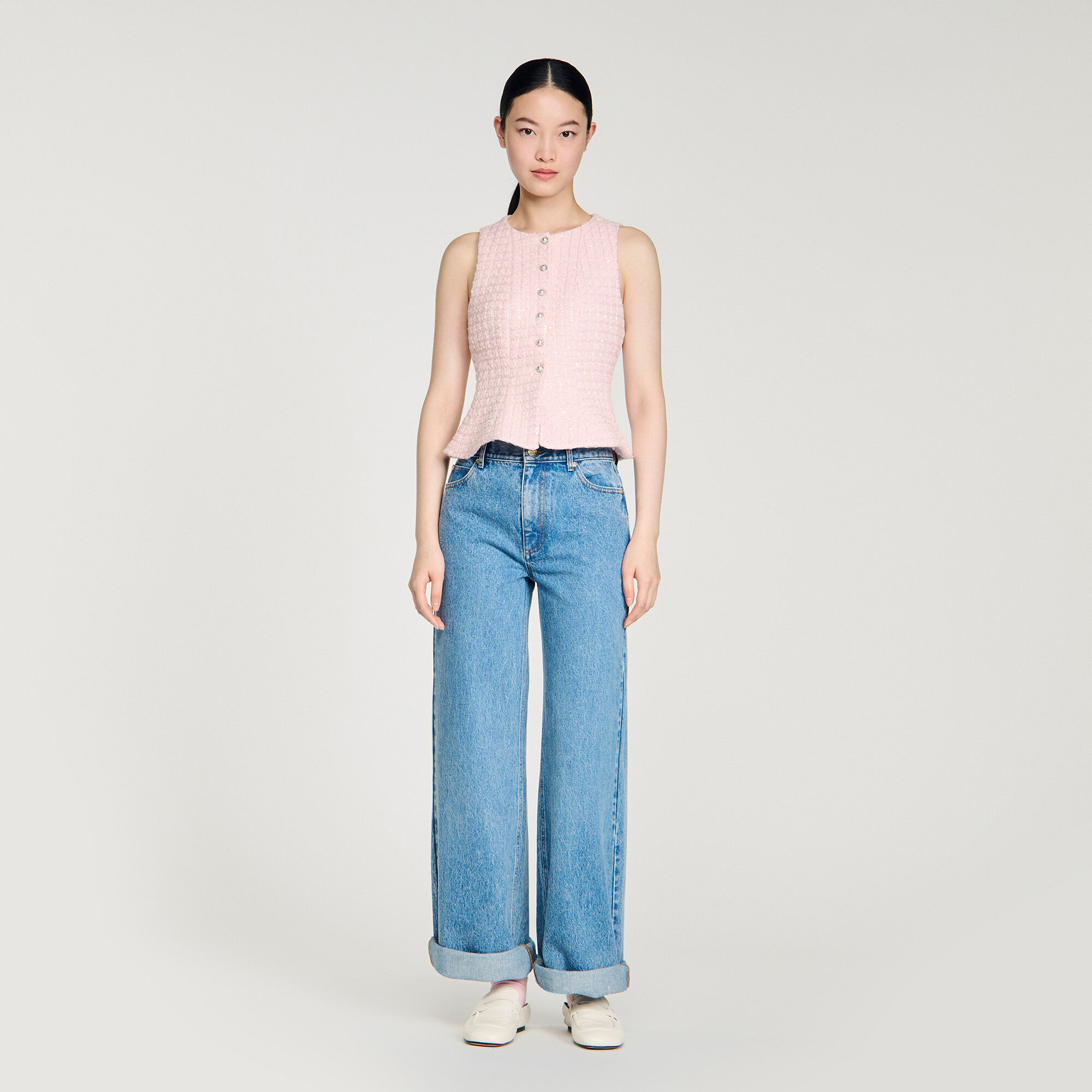 Gilet in tweed con quadri perlati