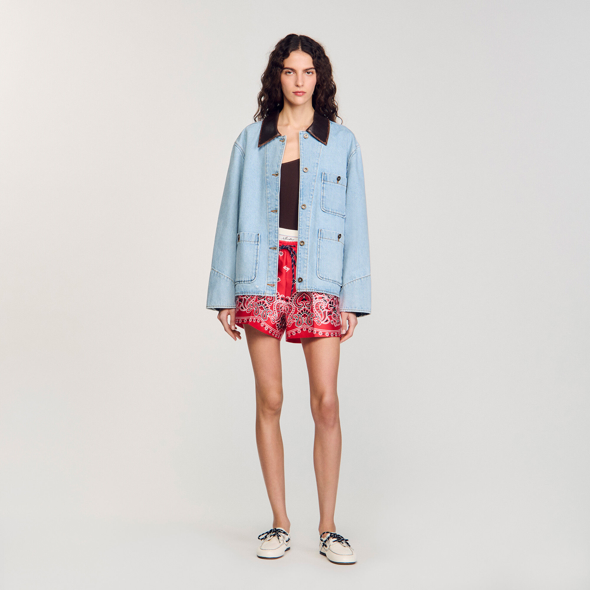 Giubbotto jeans colletto in pelle