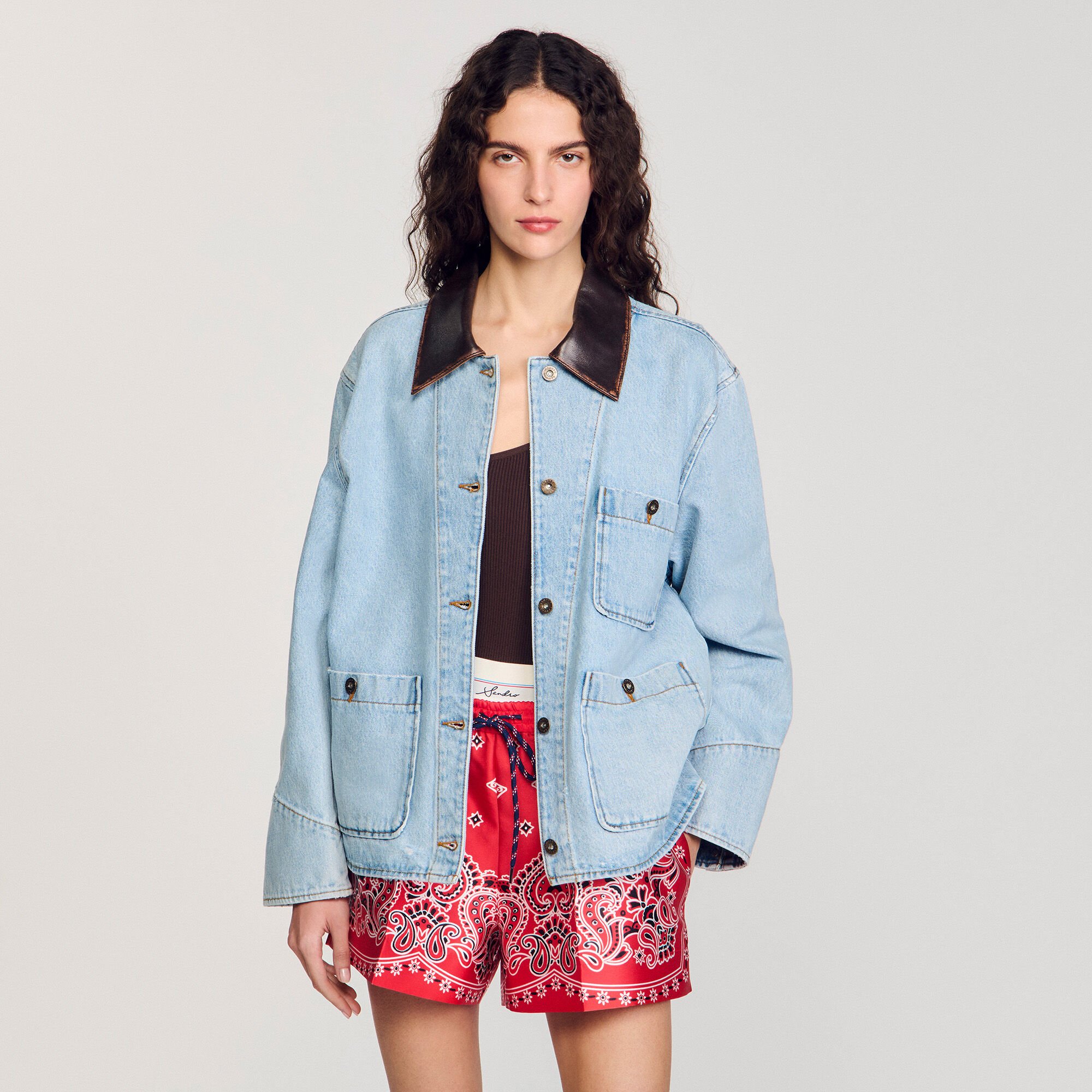 Giubbotto jeans colletto in pelle