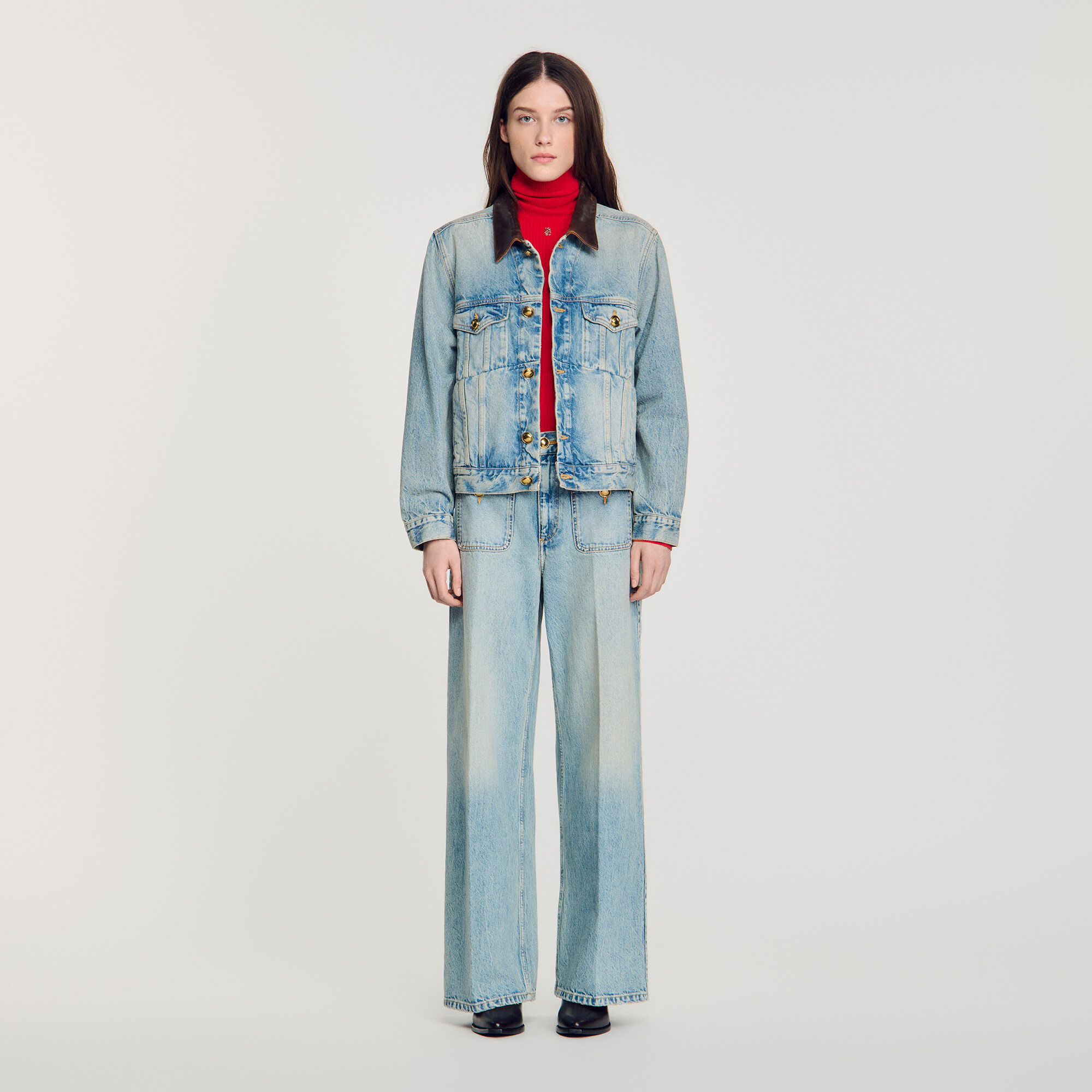 Giubbotto jeans colletto in pelle