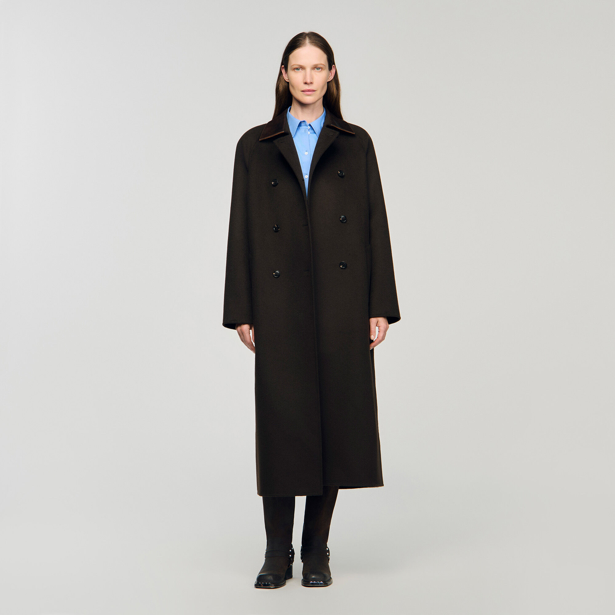 Cappotto lungo in lana e pelle