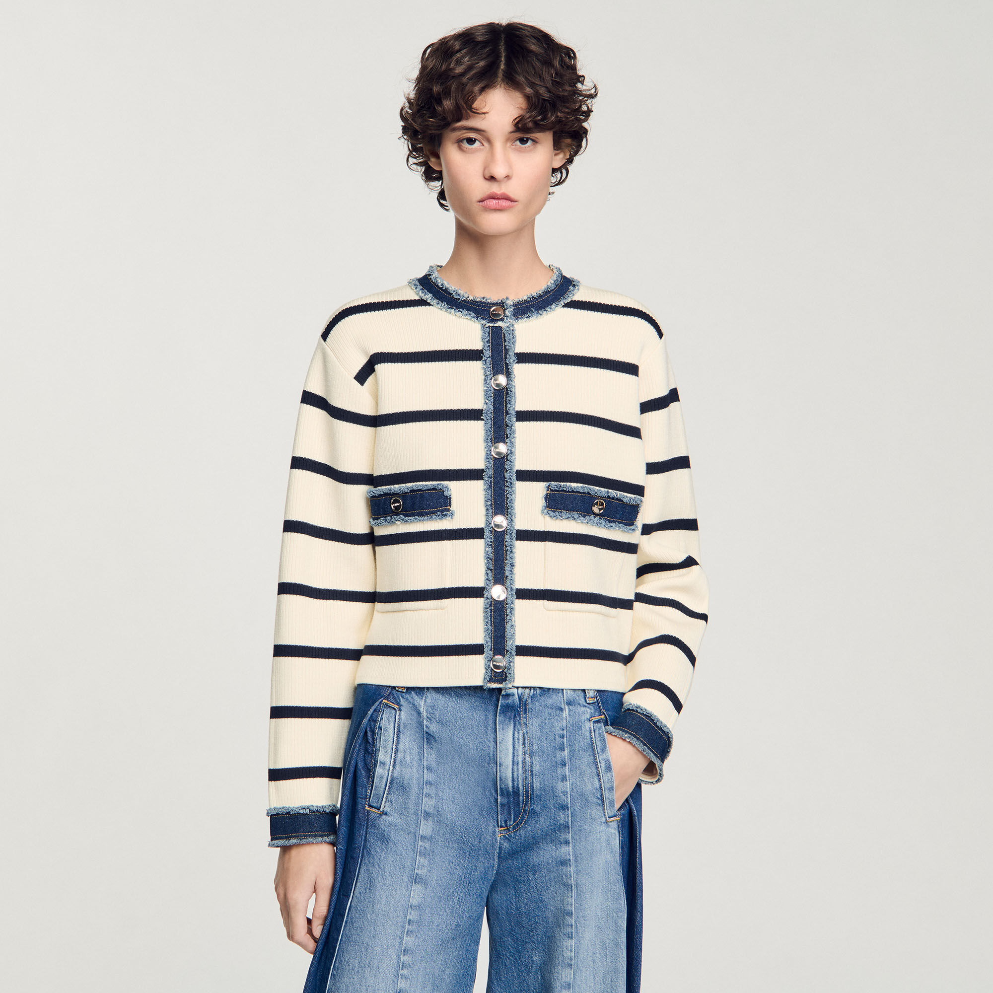 Cardigan a righe con dettagli denim