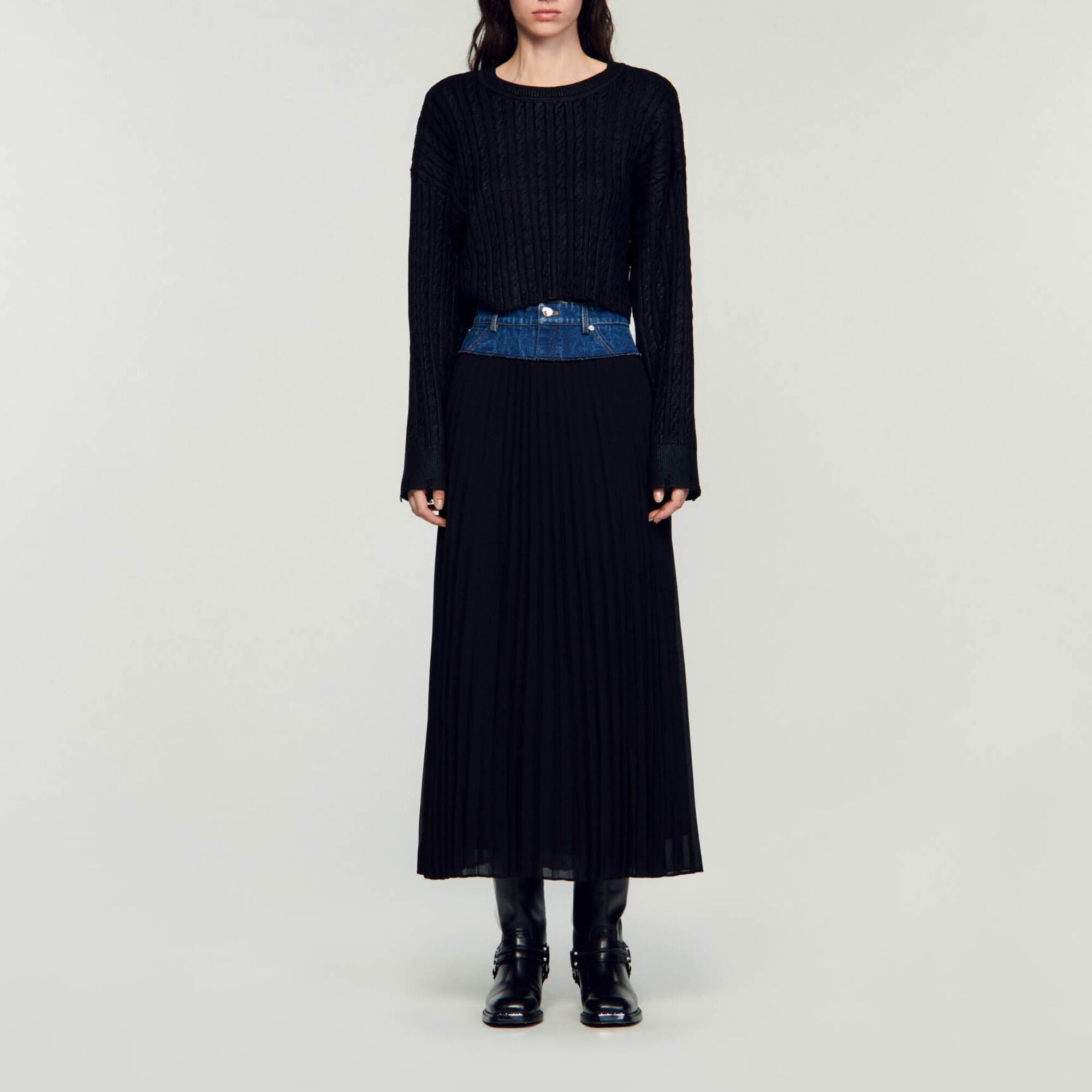 Gonna lunga in denim plissettata