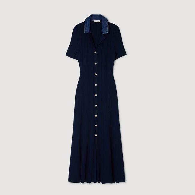 Abito lungo maglia colletto denim