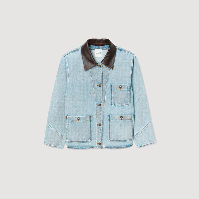 Giubbotto jeans colletto in pelle