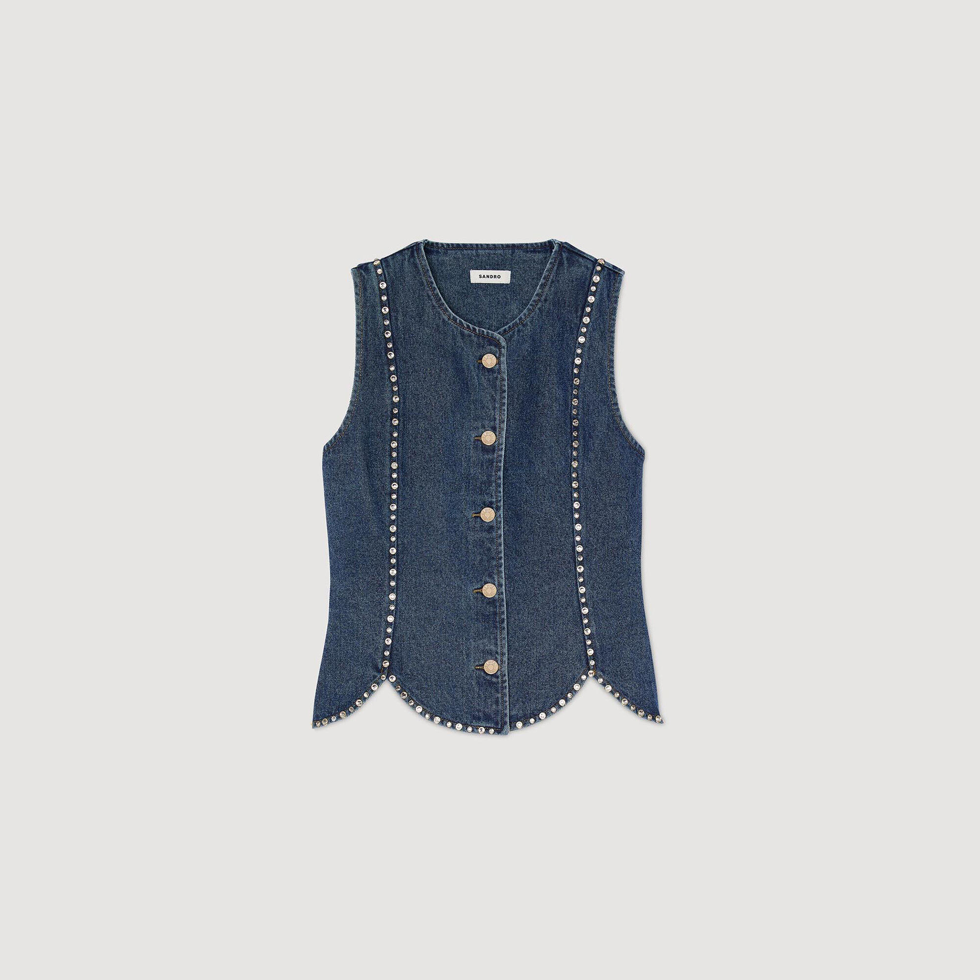 Top in denim decorato con strass
