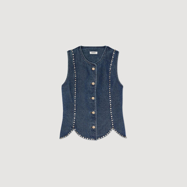 Top in denim decorato con strass