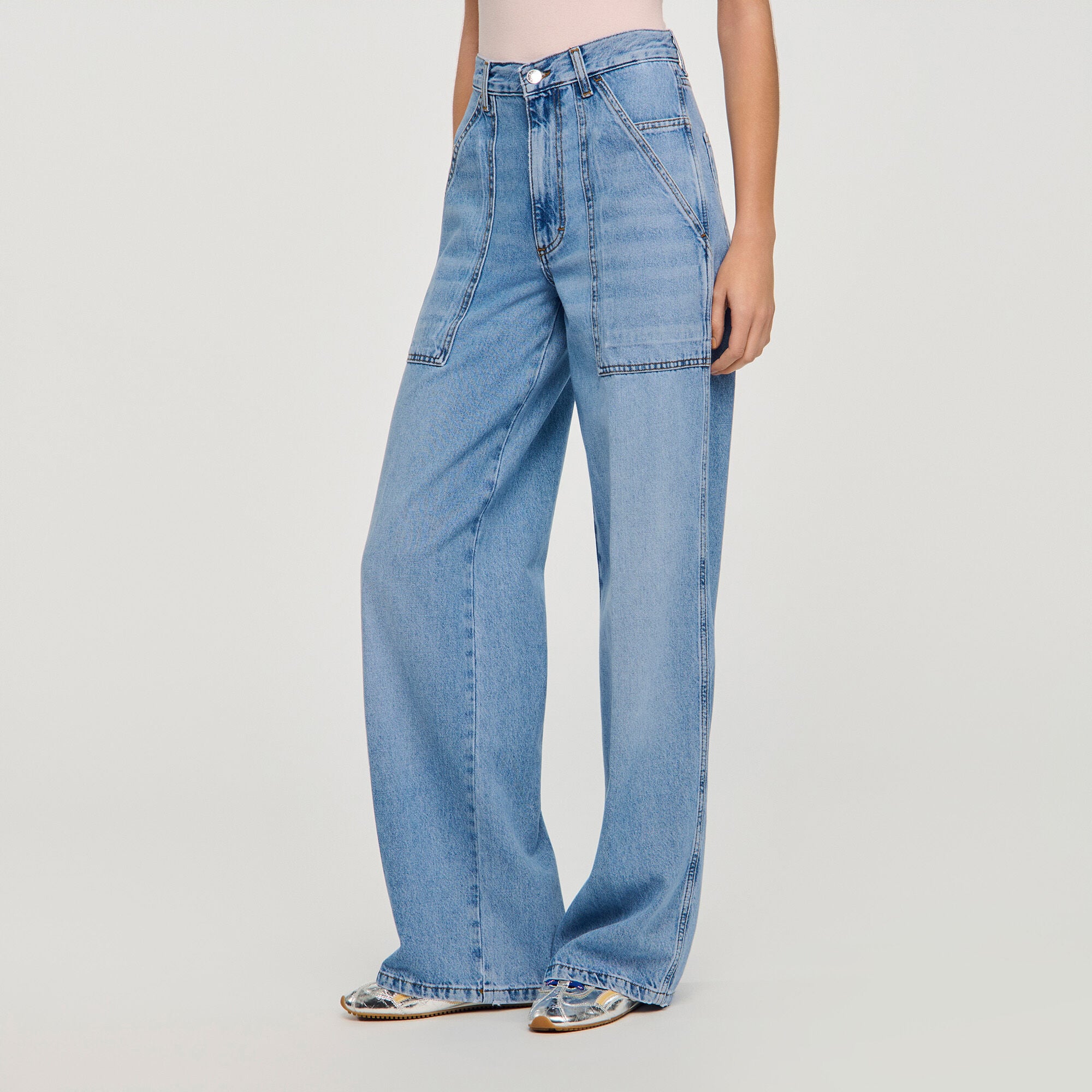 Jeans dritti larghi cotone d&eacute;lav&eacute;