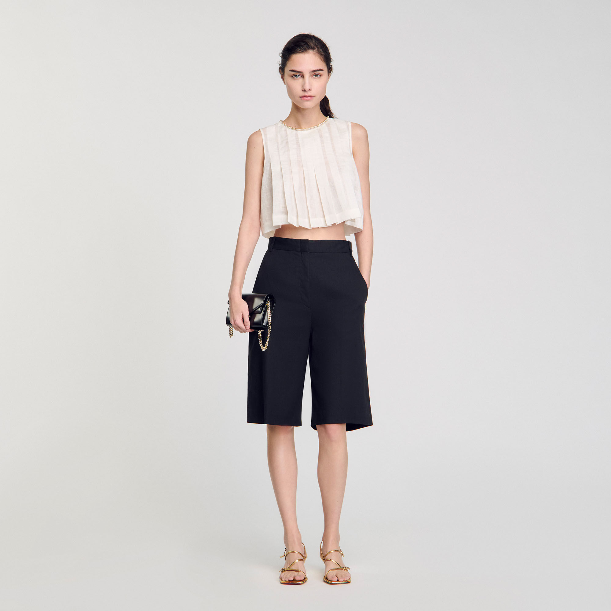 Crop top plissettato collo strass