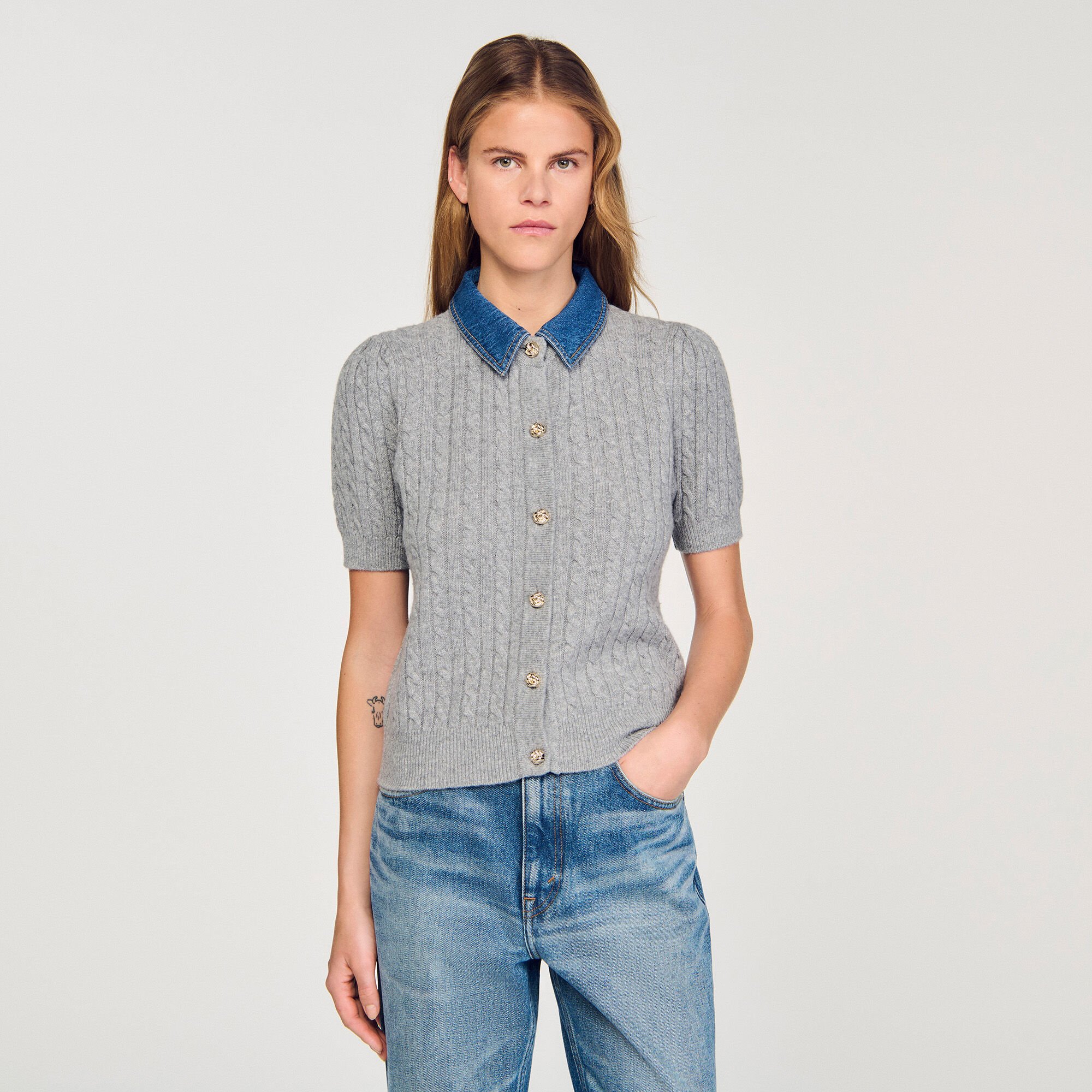 Cardigan con colletto in denim