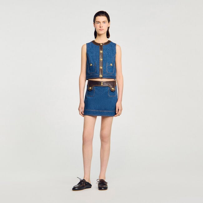 Top in denim e pelle