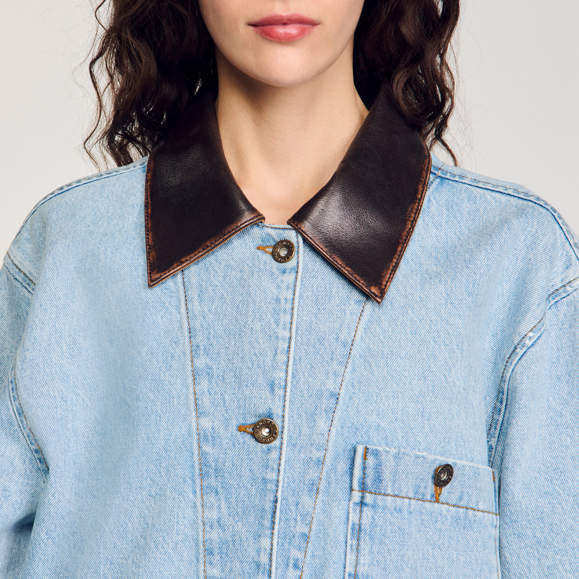 Giubbotto jeans colletto in pelle