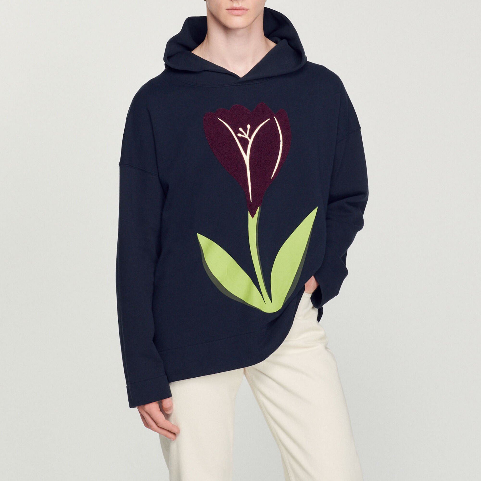 Felpa con cappuccio e ricami tulipani