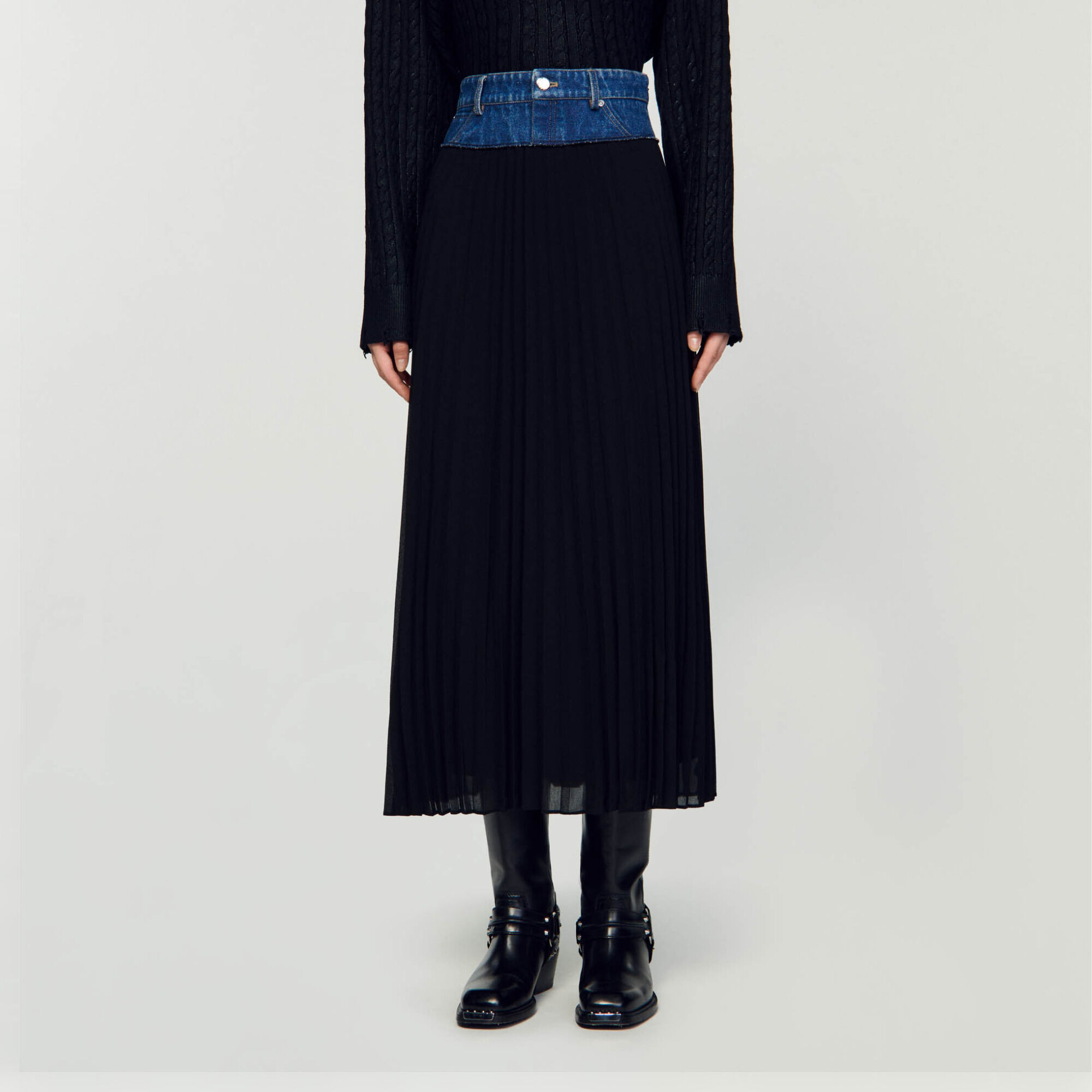 Gonna lunga in denim plissettata