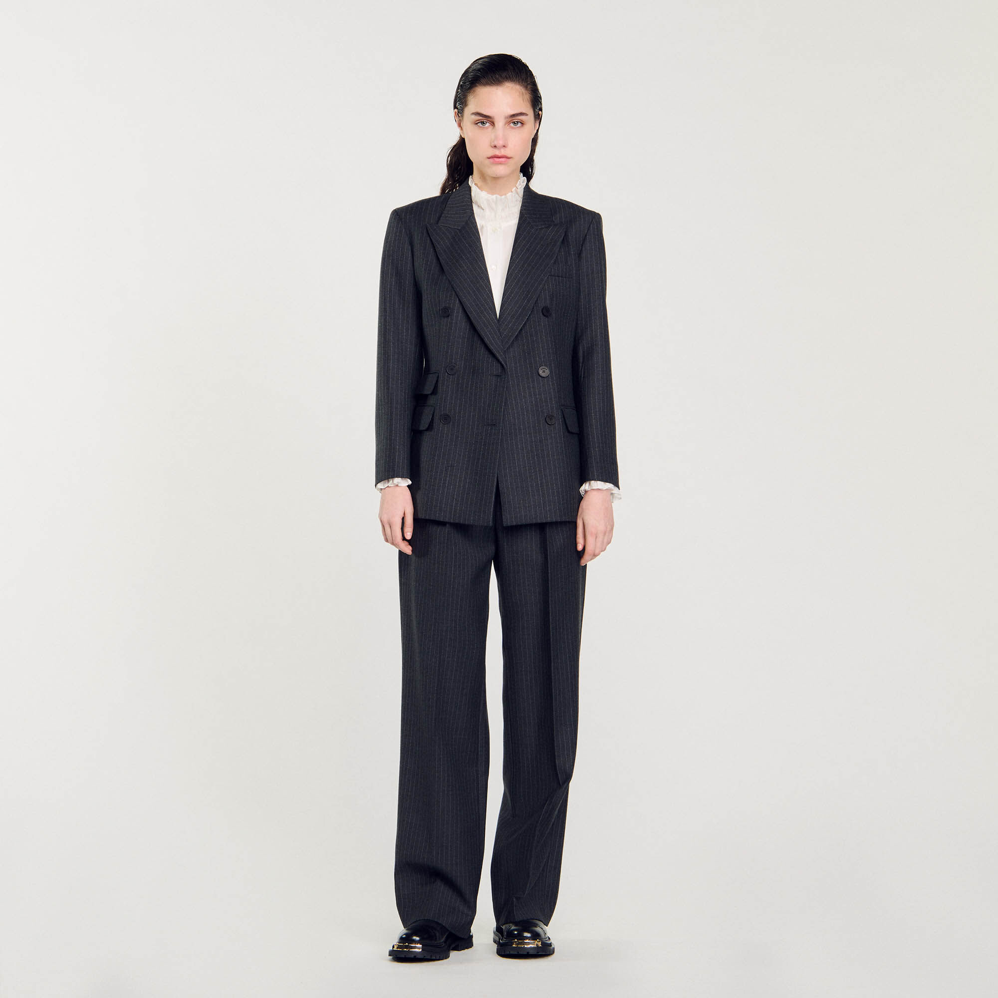 Giacca da tailleur con motivo a righe nero grigio da donna Sandro Paris
