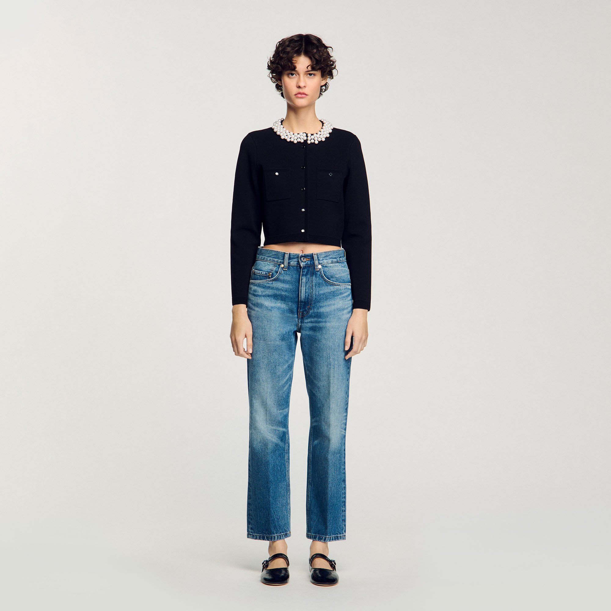 Cardigan con colletto con perline