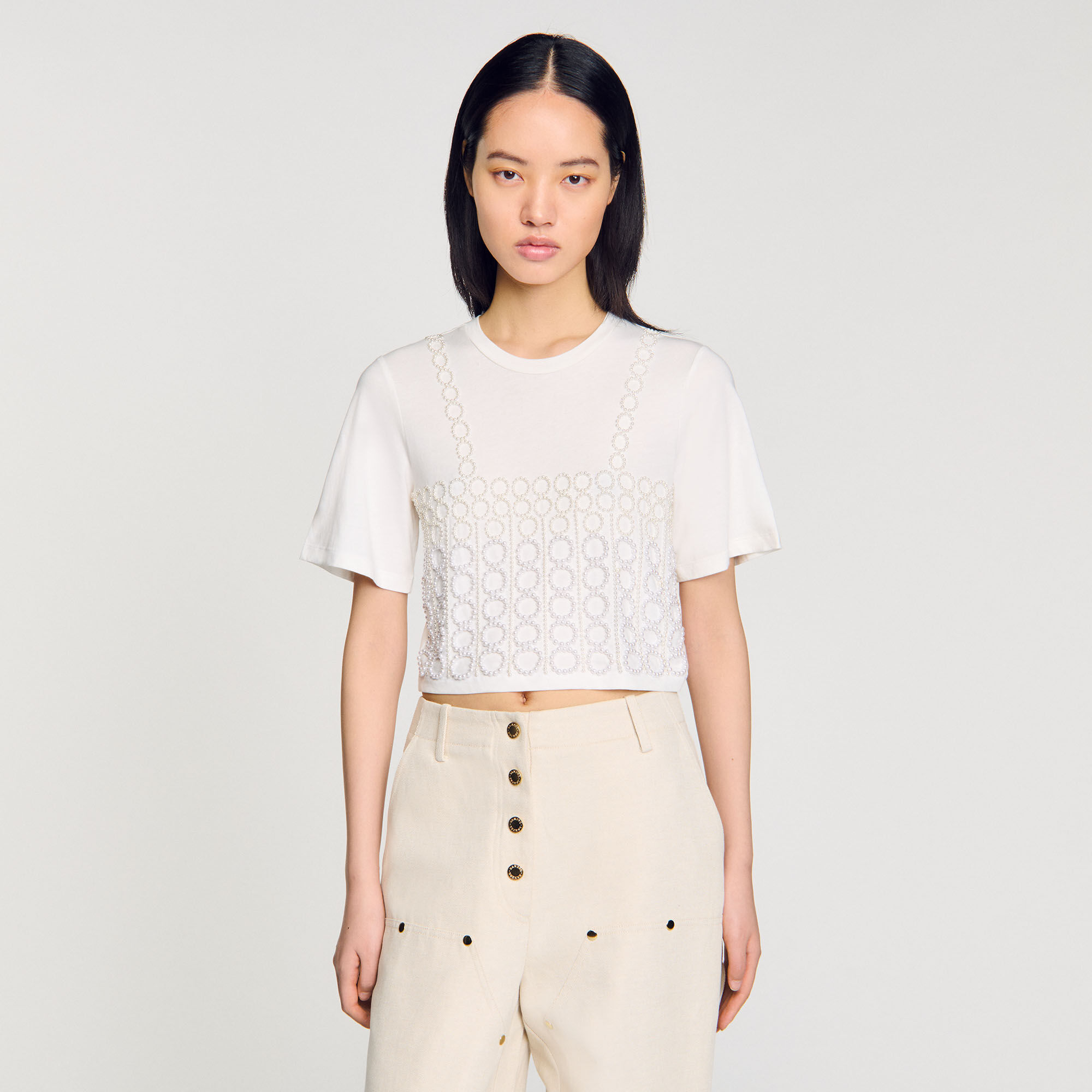 T-shirt cropped con perline