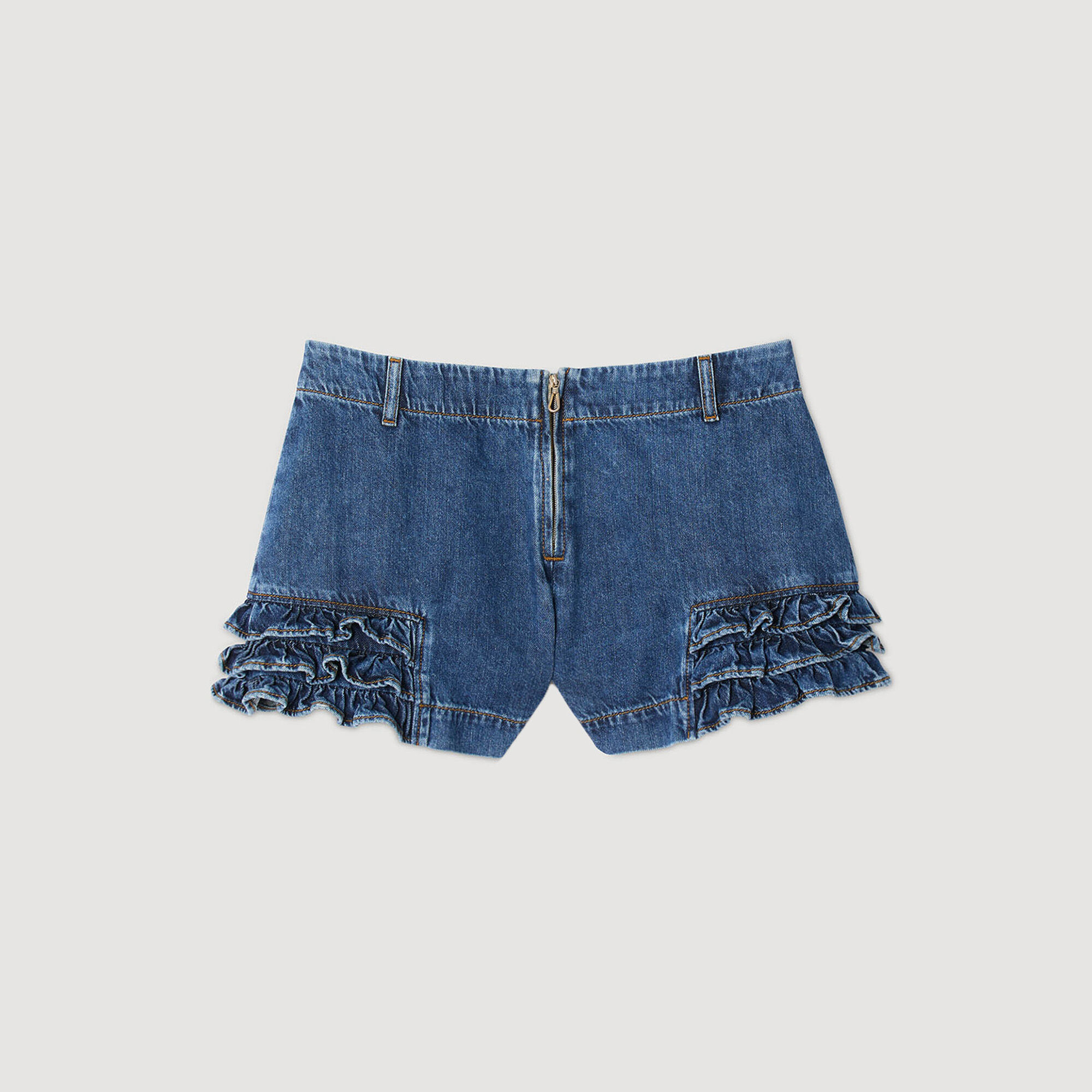 Shorts in denim con volant