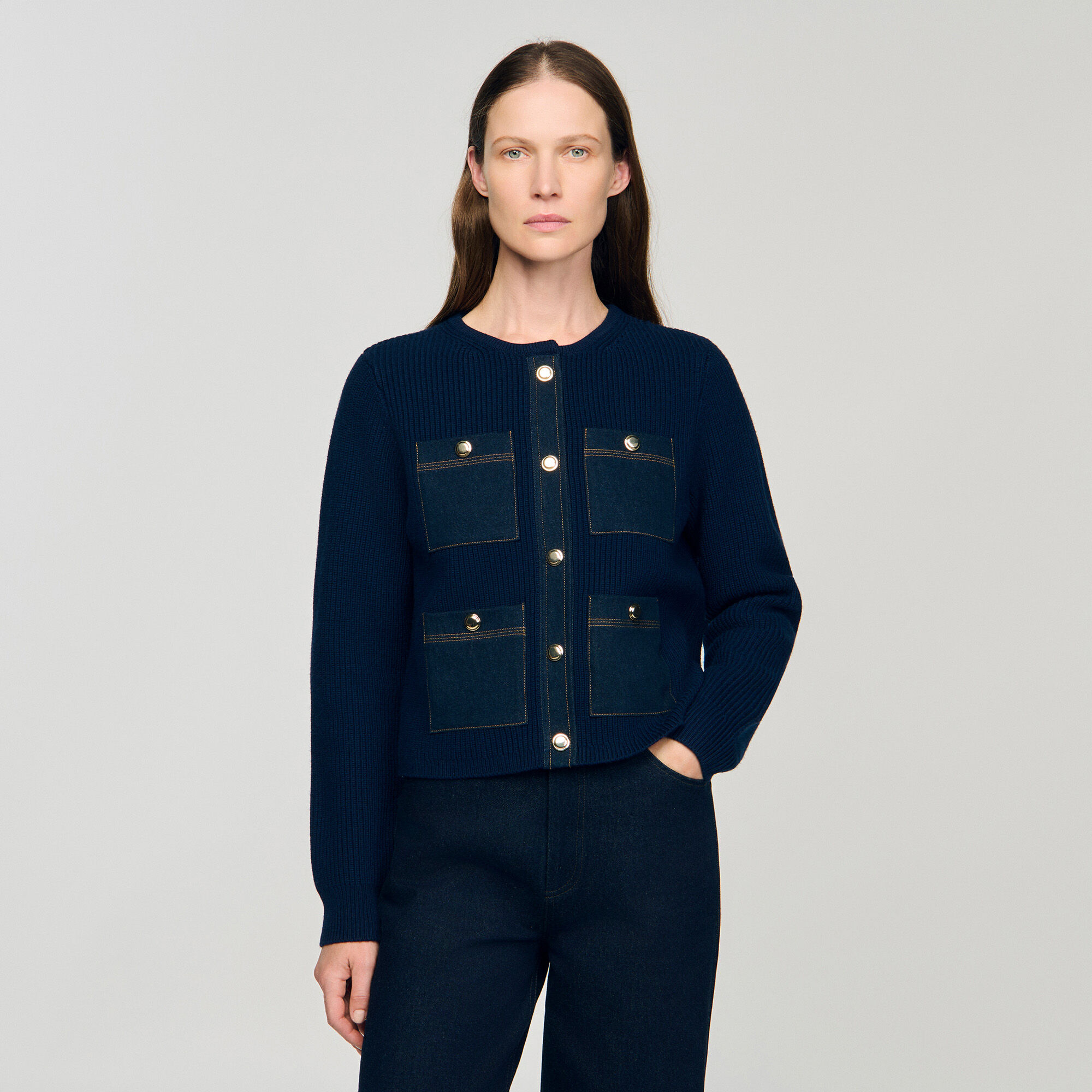 Cardigan con dettagli in denim