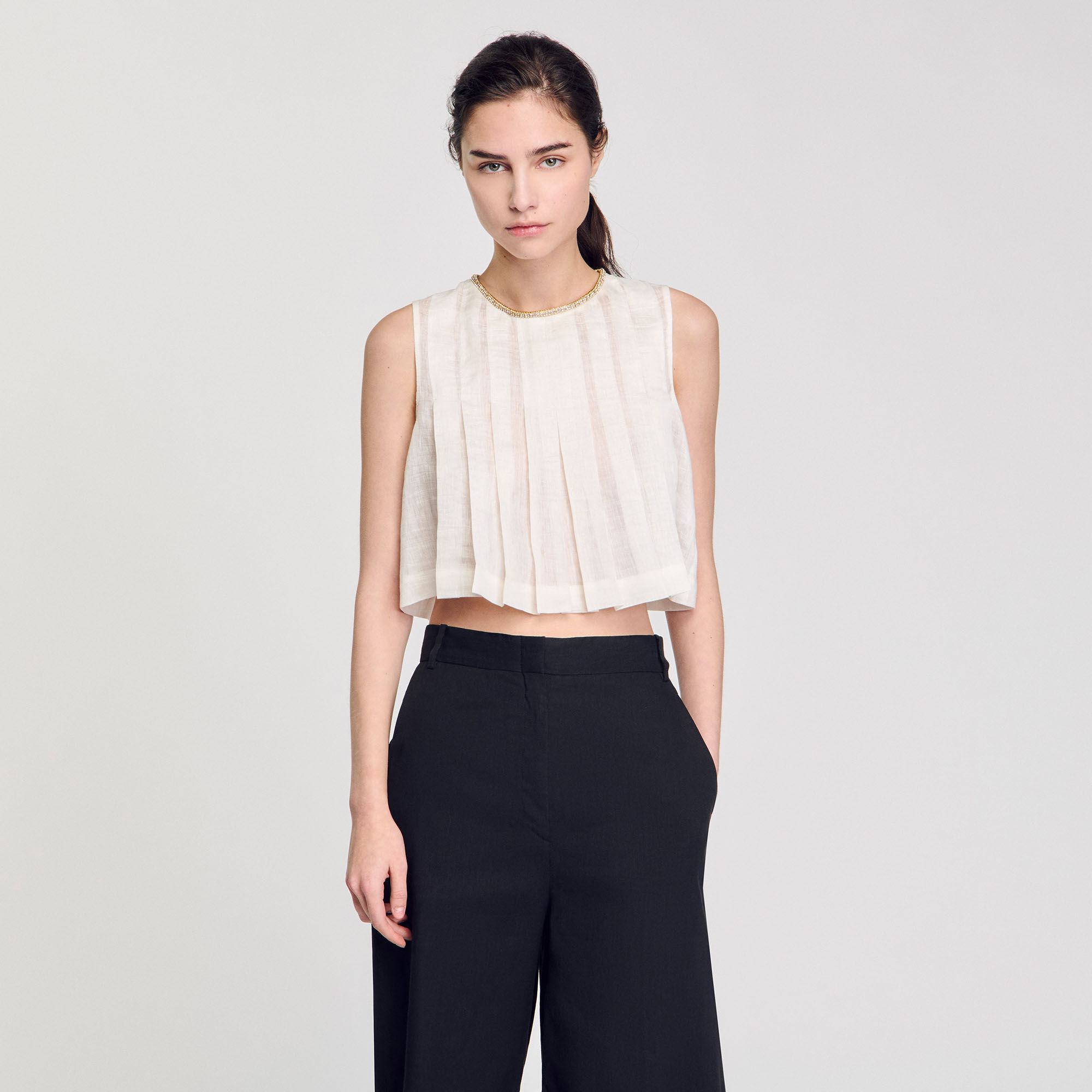 Crop top plissettato collo strass