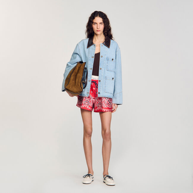 Giubbotto jeans colletto in pelle