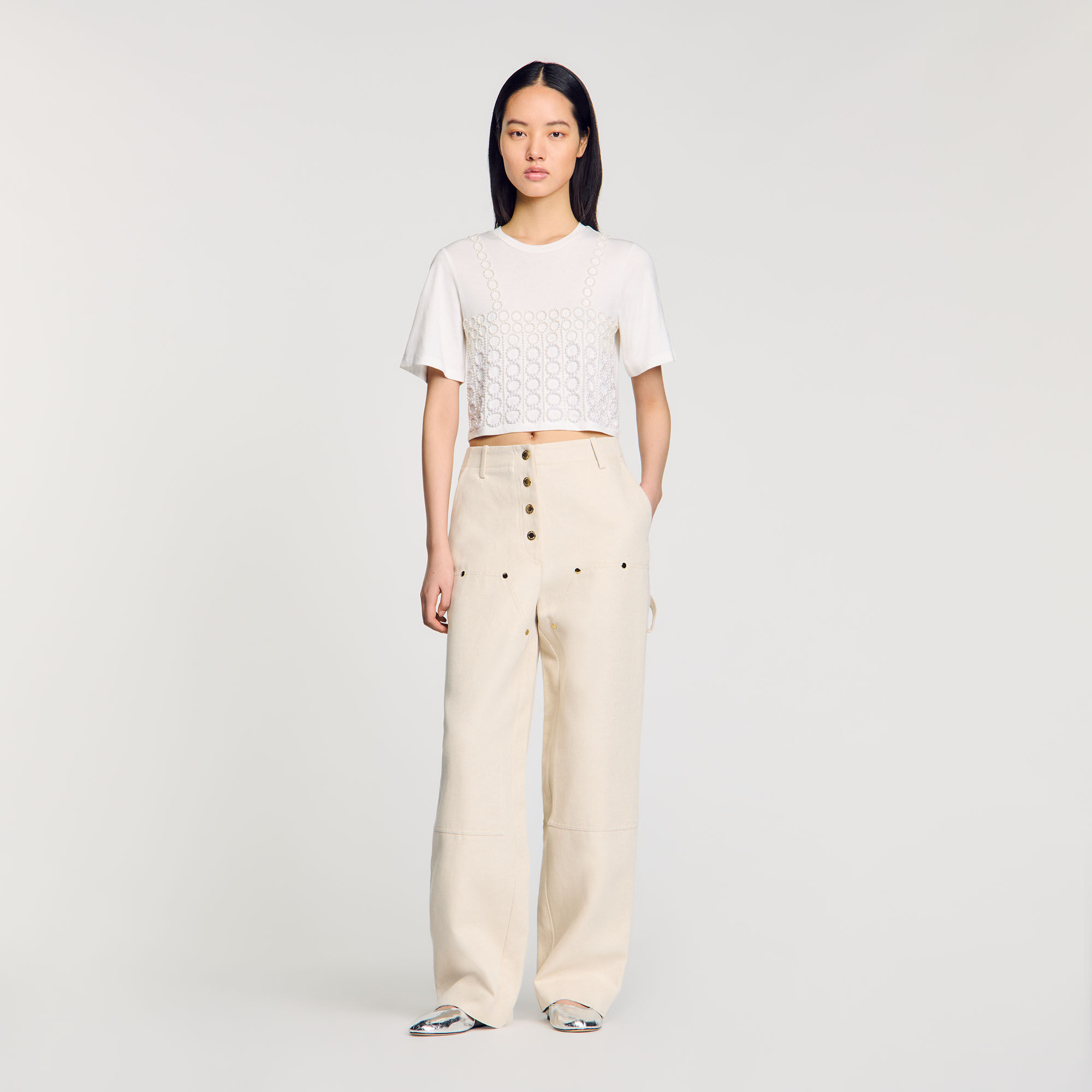 T-shirt cropped con perline