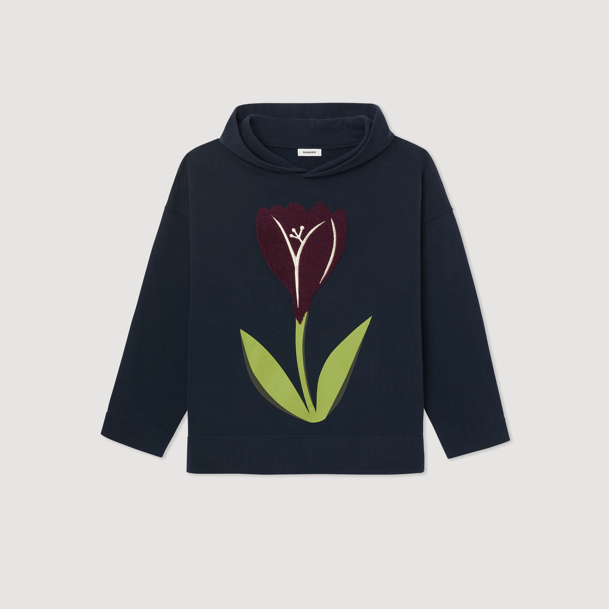 Felpa con cappuccio e ricami tulipani