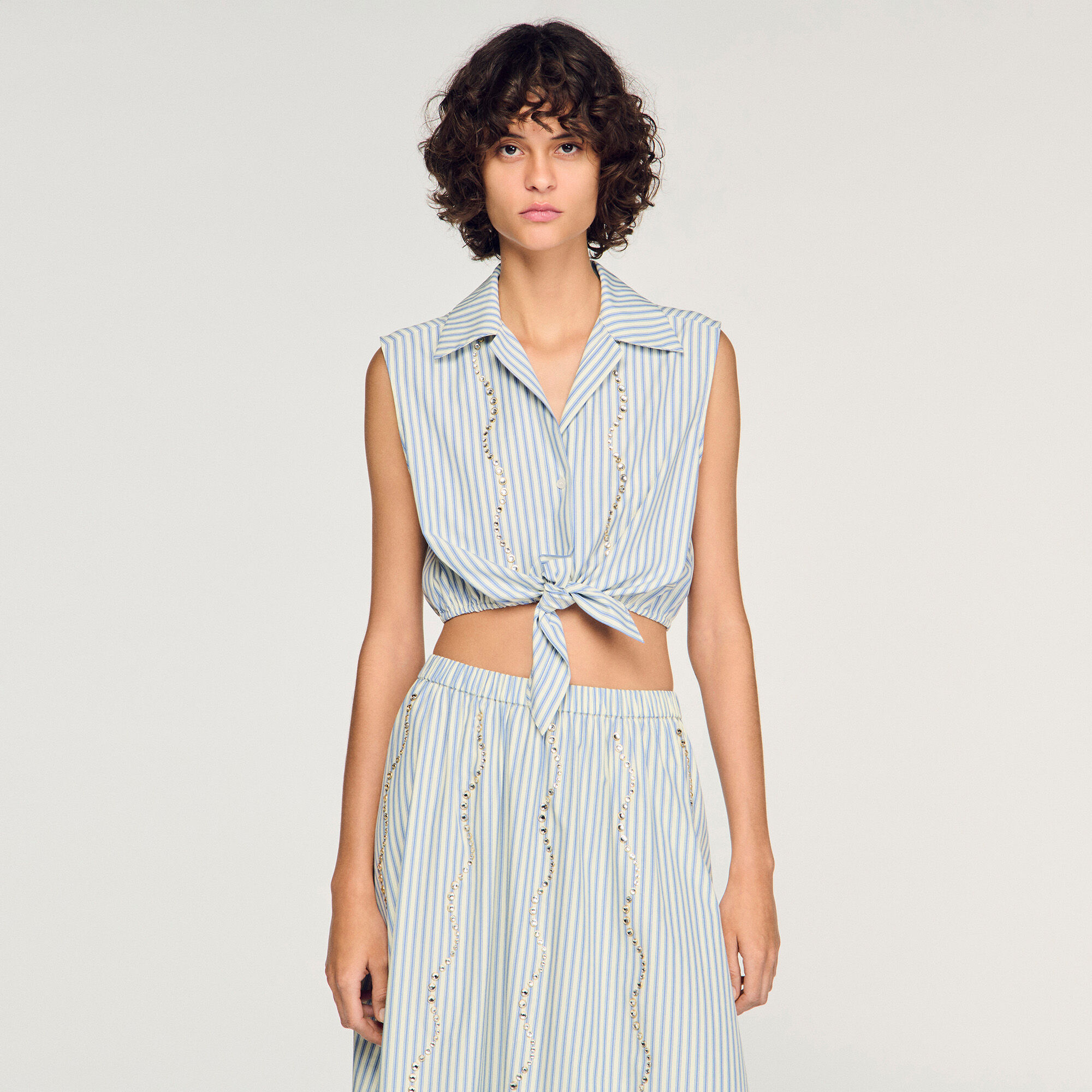 Camicia corta a righe con strass