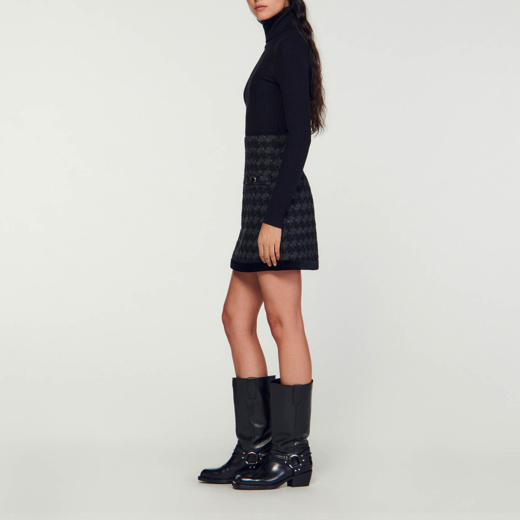 Gonna corta in tweed pied-de-coq