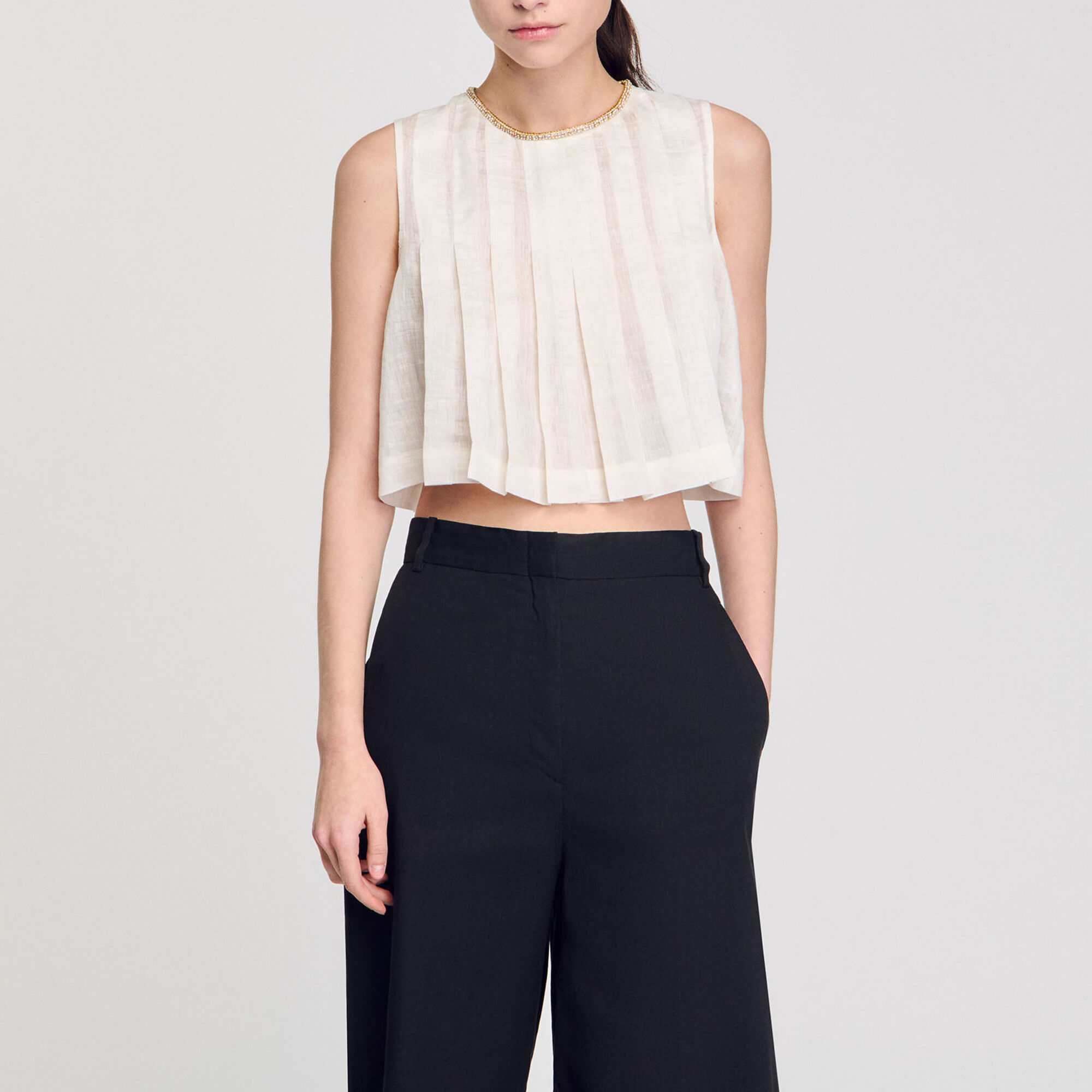 Crop top plissettato collo strass